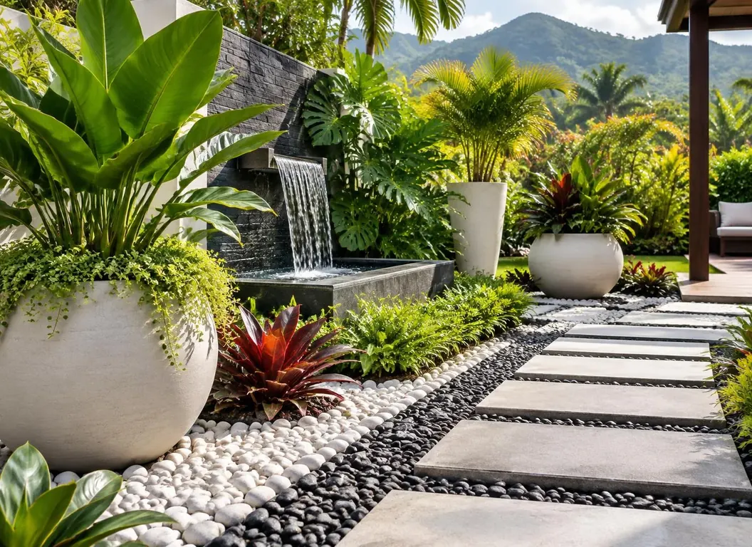 Jardín decorado con piedras ornamentales, materas y elementos de paisajismo