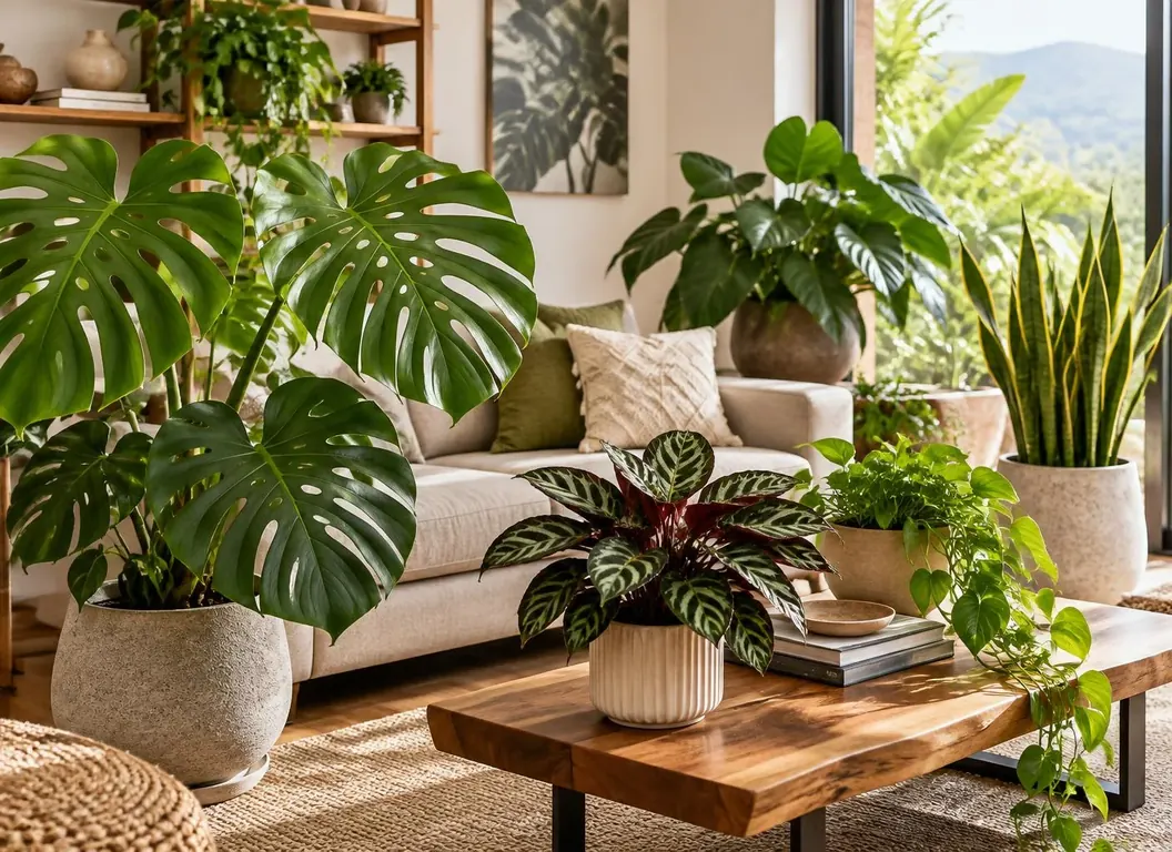 Plantas tropicales de interior en una sala moderna y luminosa