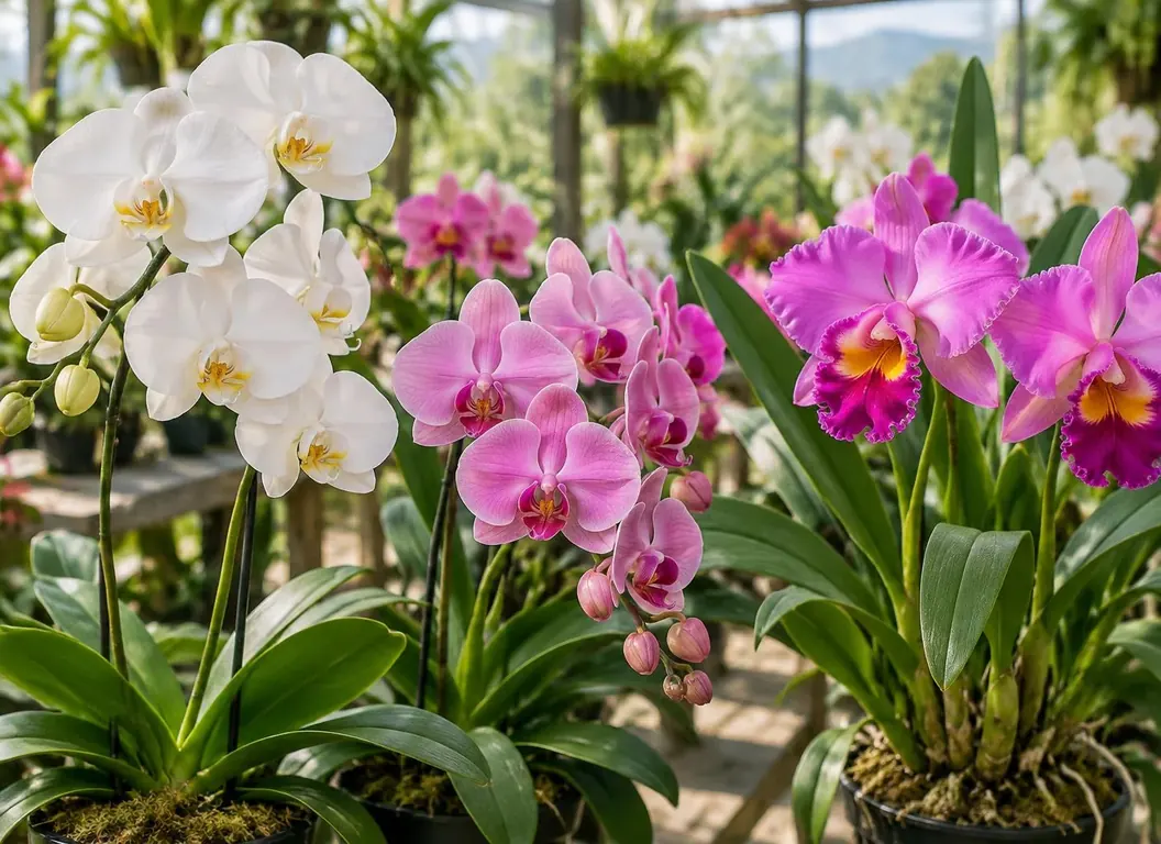 Orquídeas Phalaenopsis y Cattleyas naturales en flor
