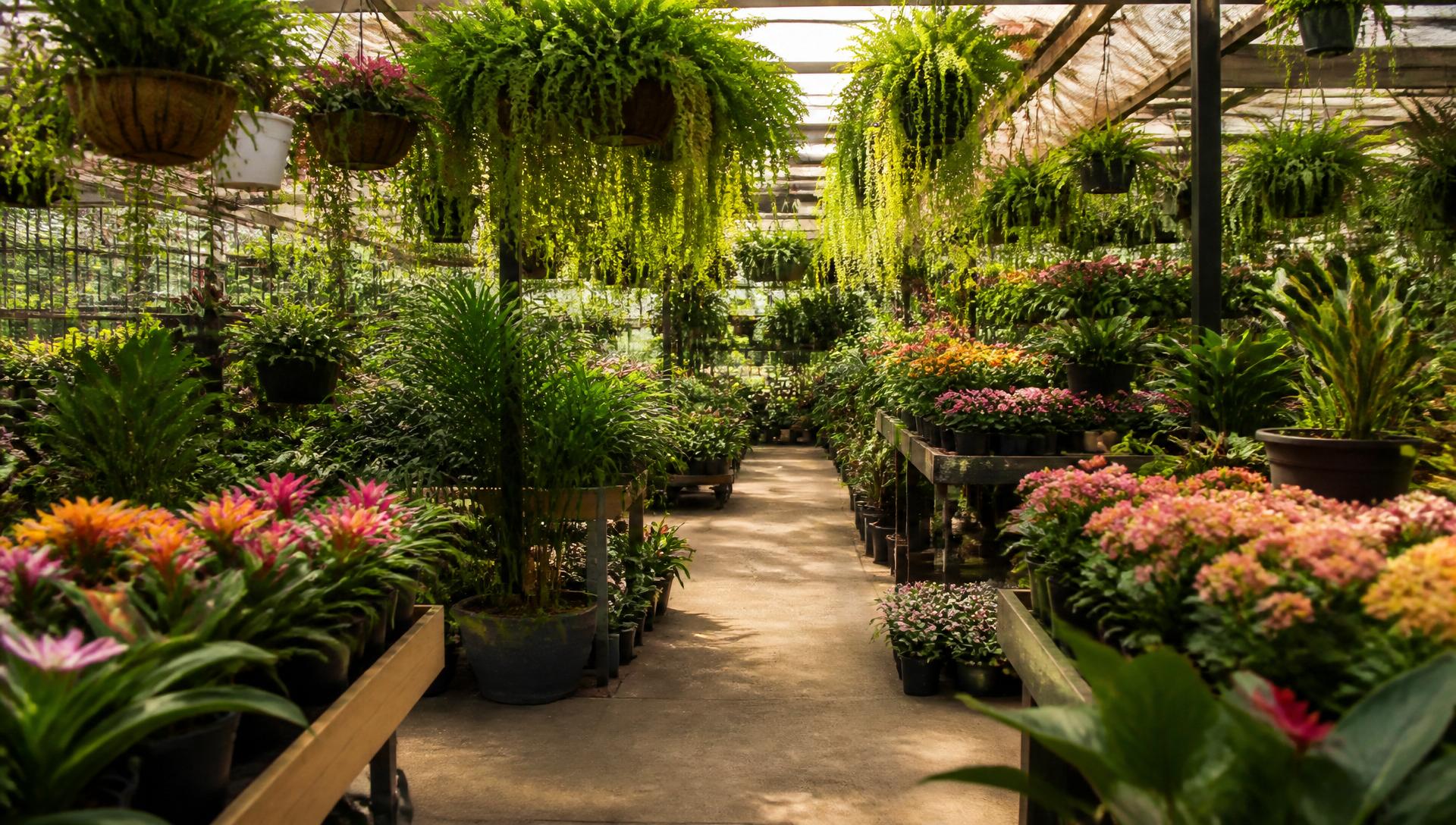 Vivero con plantas, materos colgantes y camino central en La Estrella, Antioquia